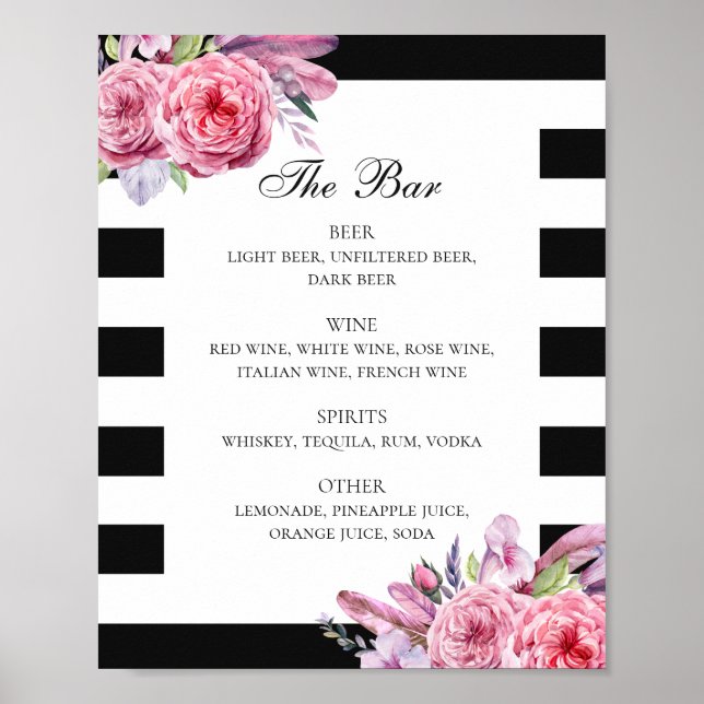 Affiche Fleur et plumes de sauce noir et blanc mariage bar (Devant)