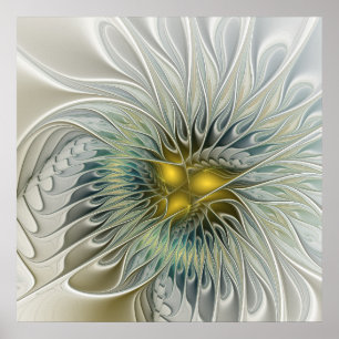 Affiche Fleur Fantastique Argent Doré Art Fractal Abstrait