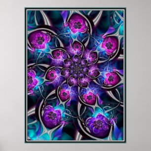 Affiche Fleur fractale violette et bleue