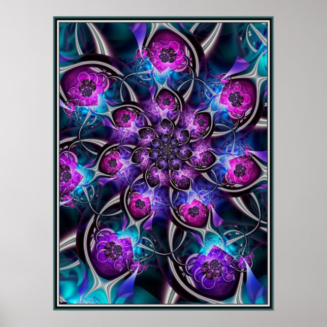 Affiche Fleur fractale violette et bleue (Devant)