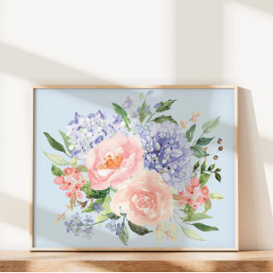 Affiche Fleur Hydrangea Pivoine Florale de Printemps Bleu 