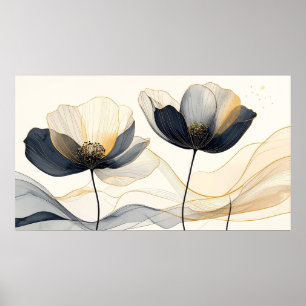 Affiche Fleur Indigo Céleste & Or : Moderne Minimaliste F