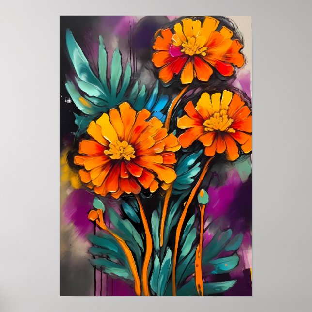 Affiche Fleur Marigold Art Abstrait Floral Colorful (Devant)