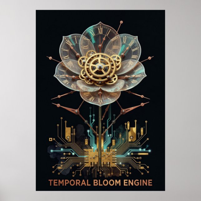Affiche Fleur Mécanique Steampunk : Moteur de Floraison Te (Devant)