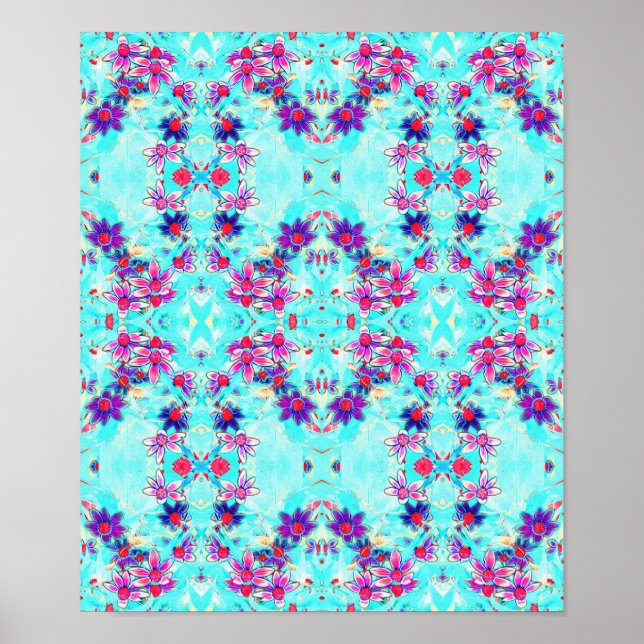 Affiche Fleur mignonne violette Motif sur Aqua Blue (Devant)