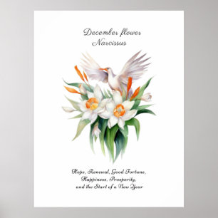 Affiche Fleur Narcisse de décembre avec oiseaux floraux