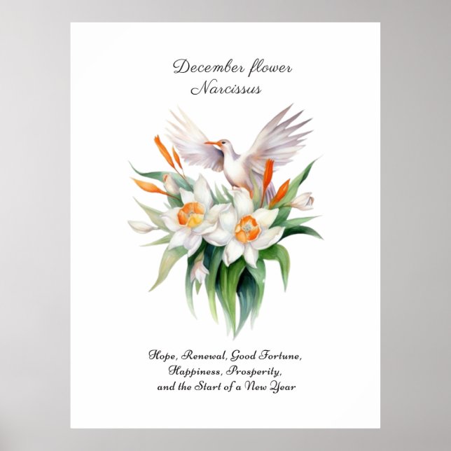 Affiche Fleur Narcisse de décembre avec oiseaux floraux (Devant)