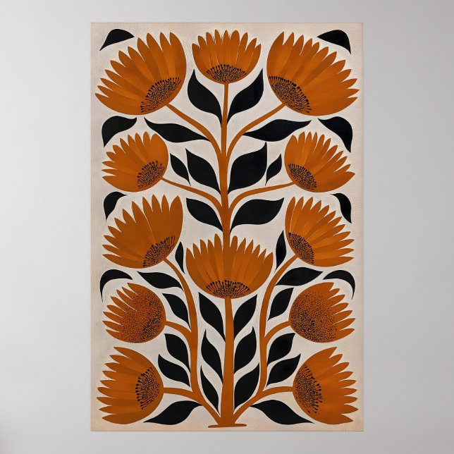 Affiche Fleur Orange Rétro Imprimé Moderne du Milieu du Si (Devant)