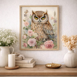 Affiche Fleur romantique de hibou aquarelle faune nature