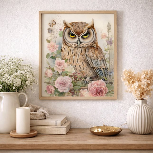Affiche Fleur romantique de hibou aquarelle faune nature (Vintage cottage/farmhouse art - owl and pink floral)