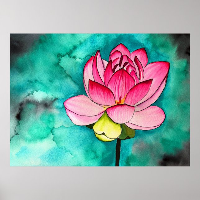 Affiche Fleur rose lotus beaux-arts aquarelle (Devant)