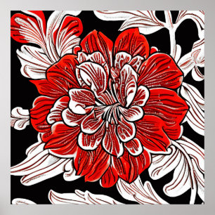 Affiche Fleur rouge noir et blanc Art Nouveau