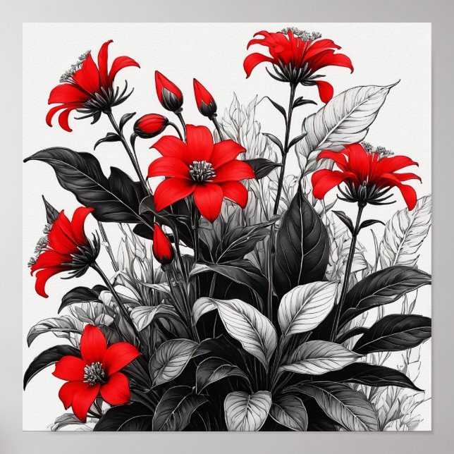 Affiche Fleur rouge sur Plante noir blanc (Devant)