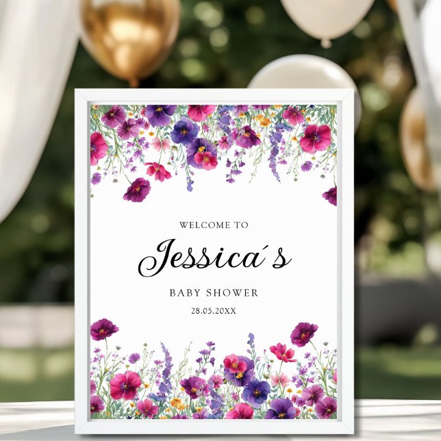 Affiche Fleur sauvage, Baby shower à fleurs violettes (Elegant, White, Minimal Wedding Welcome Poster, Pink, Purple, Wildflowers with your Name & Date.)