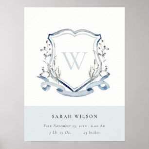 Affiche fleur sauvage bleu élégant Monogram Crest Birth St