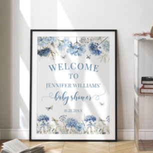 Affiche Fleur sauvage bleu papillon baby shower de bienven
