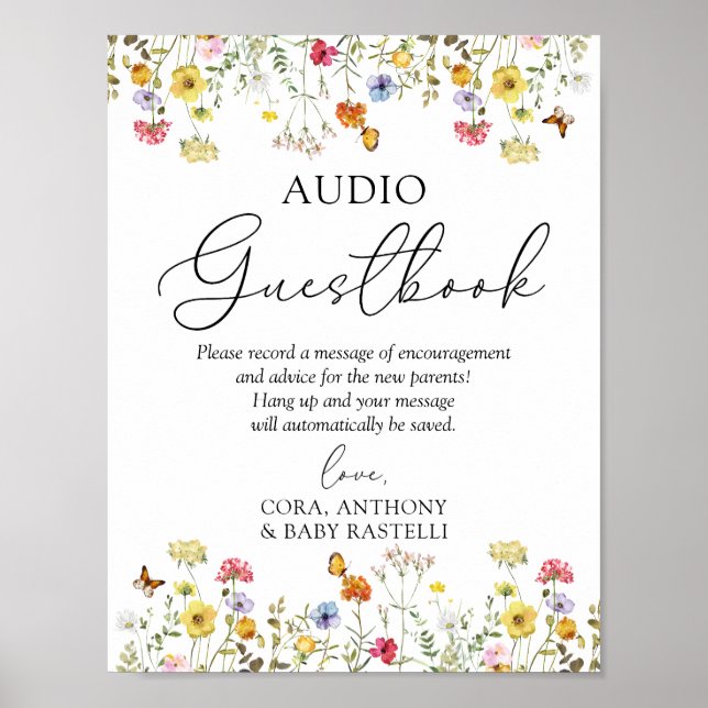 Affiche Fleur sauvage Boho Baby shower Audio Guestbook Sig (Devant)