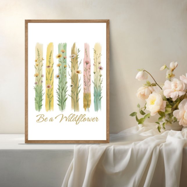 Affiche Fleur sauvage Brush Stroke Aquarelle Vert Or (Wildflowers Brush Stroke Watercolor Be A Wildflower Poster Print. Printed or Digital Download)