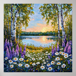 Affiche 🌿 Fleur Sauvage Calme de Lac de Forêt de Bouleau 