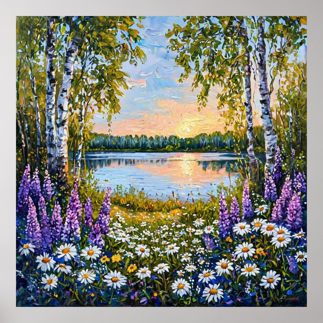 Affiche 🌿 Fleur Sauvage Calme de Lac de Forêt de Bouleau  (Devant)