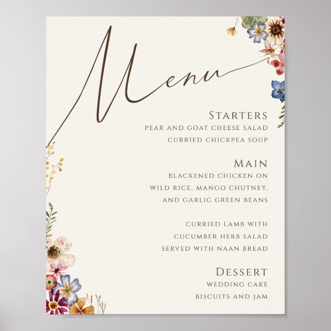 Affiche Fleur sauvage coloré | Panneau Menu Mariage beige (Devant)