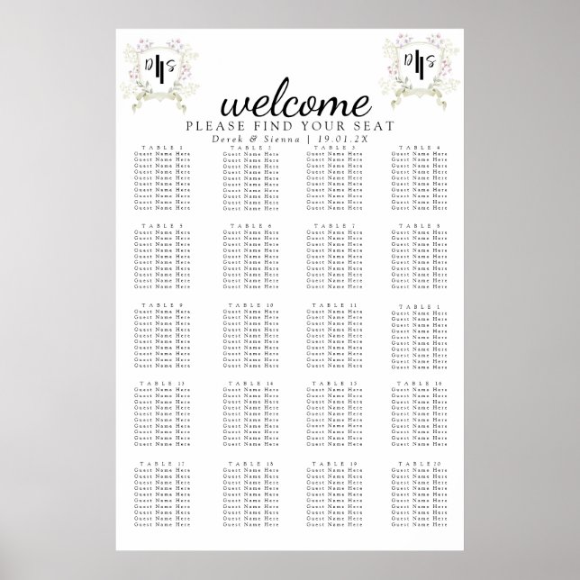 Affiche Fleur sauvage Dusky Monogram Crest Mariage Siège (Devant)