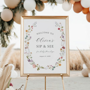 Affiche Fleur sauvage et Bouteilles Bébé Sip et voir Bienv