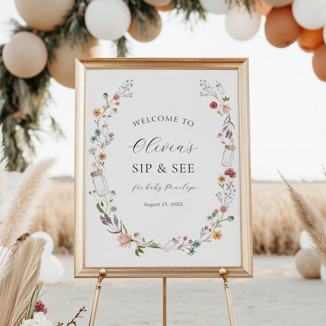Affiche Fleur sauvage et Bouteilles Bébé Sip et voir Bienv (Créateur téléchargé)