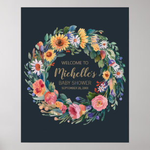 Affiche Fleur sauvage or fille baby shower signe de bienve