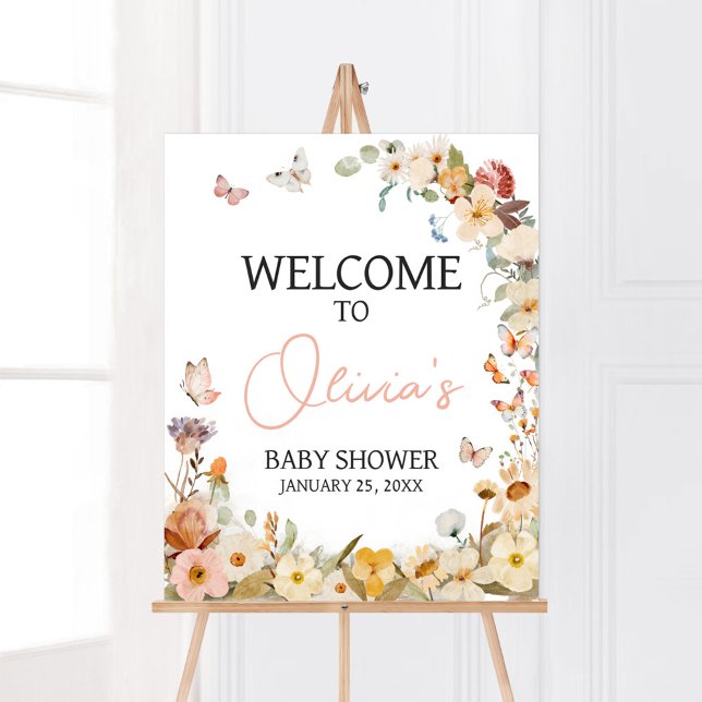 Affiche Fleur sauvage Petit Papillon Baby shower Bienvenue (Little Butterfly Wildflower Baby Shower Welcome Sign)