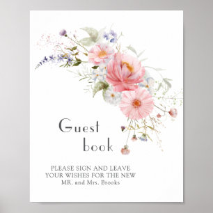 Affiche Fleur sauvage rose blanc Mariage livre d'hôte