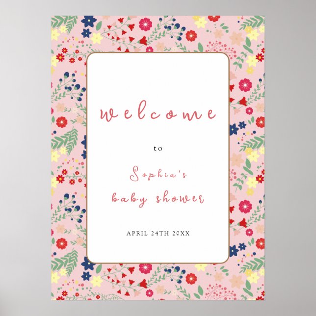 Affiche Fleur sauvage rose  cadre Baby shower fille accuei (Devant)