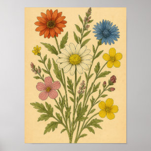 Affiche Fleur sauvage vintage sur papier patiné