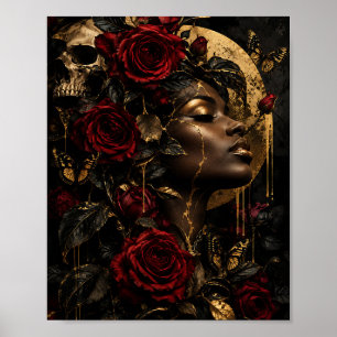 Affiche Fleur surréaliste Reine noire Feuille d'or & Roses