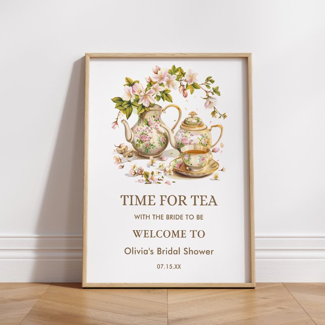Affiche Fleur Teapot Time for Tea Fête des mariées Welcome (Floral Teapot Time for Tea Bridal Shower Welcome Sign )