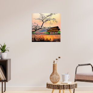 Affiche Fleur Tranquille : Coucher de soleil sur une maiso
