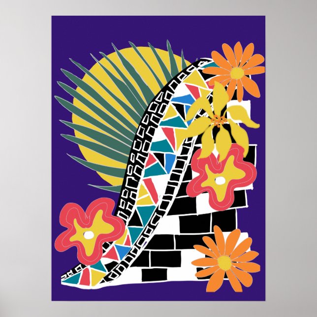 Affiche Fleur tropicale audacieuse mosaïque noir blanc sur (Devant)