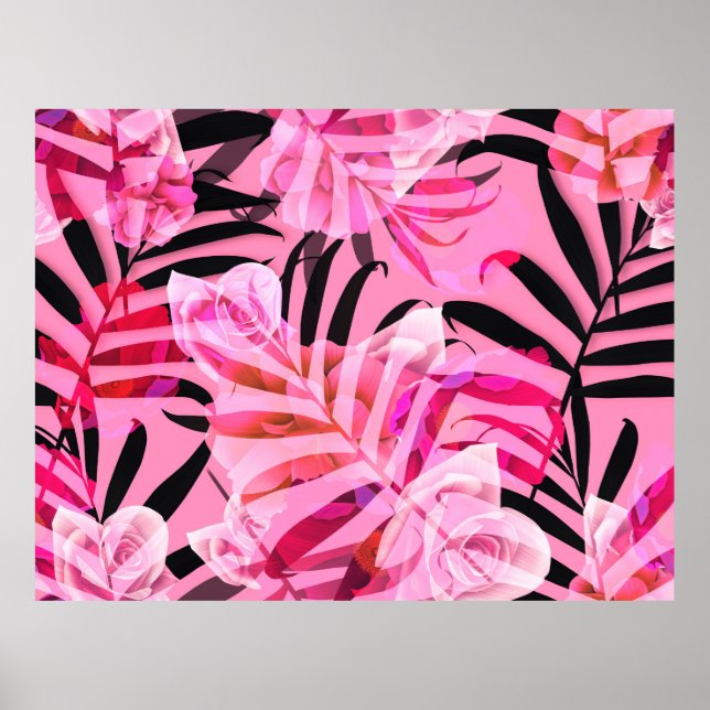 Affiche Fleur tropicale, plante et motif de feuilles b (Devant)
