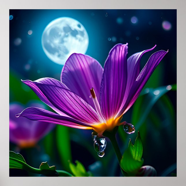 Affiche Fleur violette illuminée par la lumière de la lune (Devant)