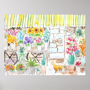 Affiche fleuriste et encre de chat et aquarelle
