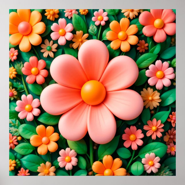 Affiche Fleurs 3D colorées et stylisées (Devant)