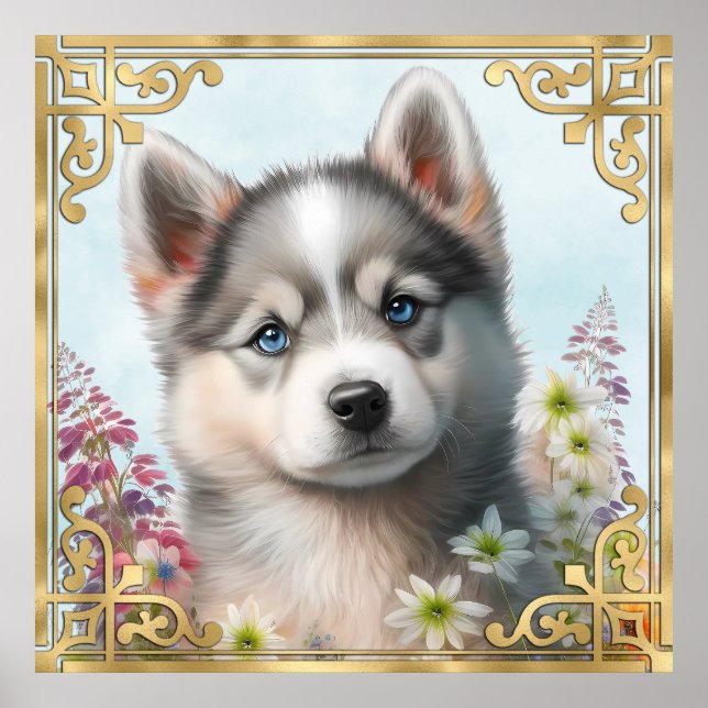Affiche Fleurs à l'aquarelle et chiot husky sibérien (Devant)