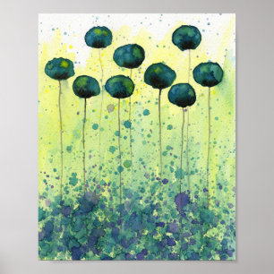 Affiche Fleurs à l'aquarelle sarcelle et jaune, Mur modern