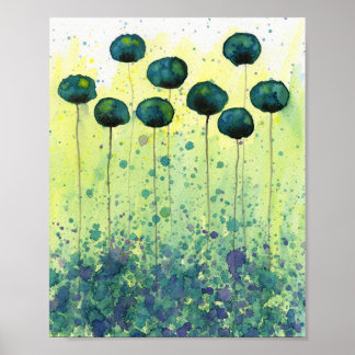 Affiche Fleurs à l'aquarelle sarcelle et jaune, Mur modern