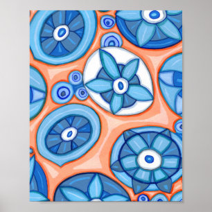 Affiche Fleurs Abstraites bleues et orange Peinture origin