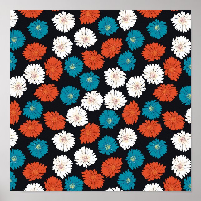 Affiche Fleurs Abstraites rouges et bleues (Devant)
