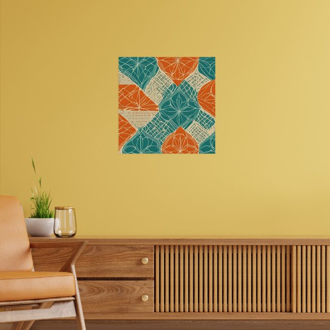 Affiche Fleurs abstraites sarcelle, orange et chamois (Salon 2)