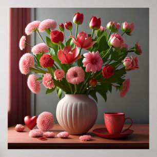 Affiche fleurs amour valentines jour bouquets rouge rose