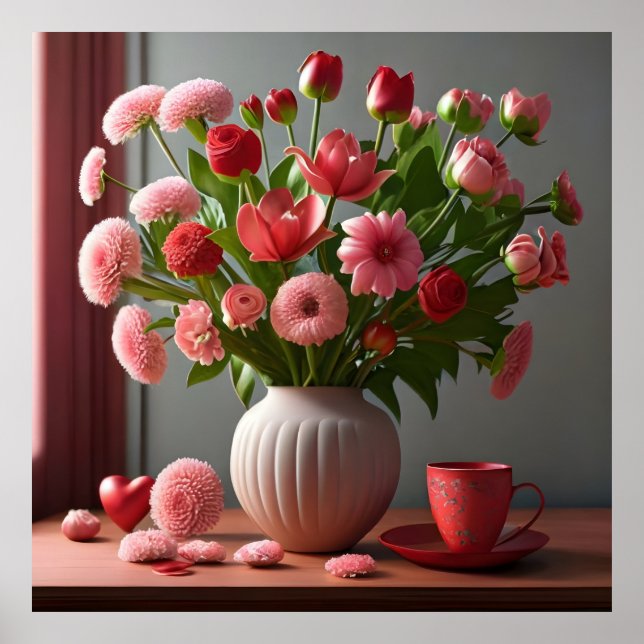 Affiche fleurs amour valentines jour bouquets rouge rose (Devant)
