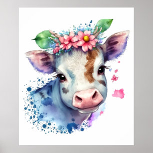 Affiche Fleurs animales de la ferme de vache et papillons 